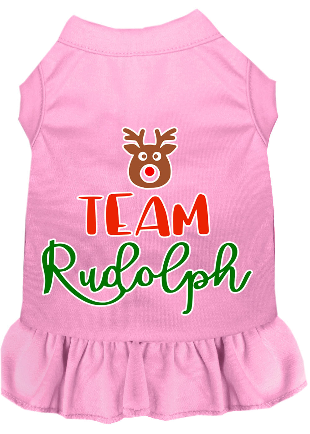 A cute Christmas dress for dogs and cats featuring a 'Team Rudolph' screen print, made from soft cotton-polyester blend fabric.