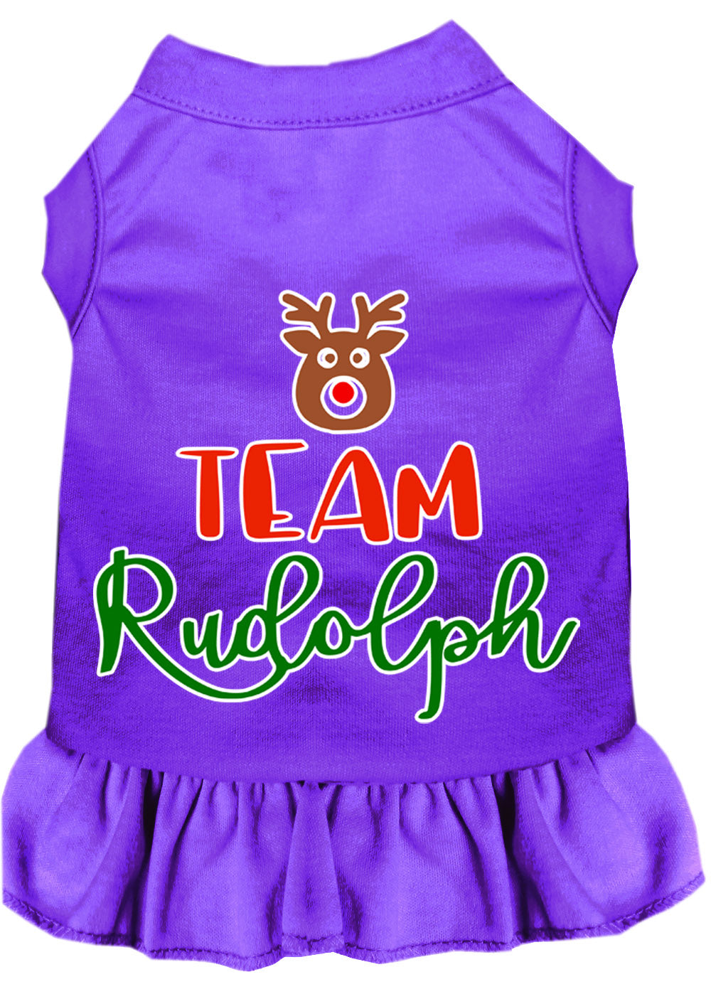 A cute Christmas dress for dogs and cats featuring a 'Team Rudolph' screen print, made from soft cotton-polyester blend fabric.