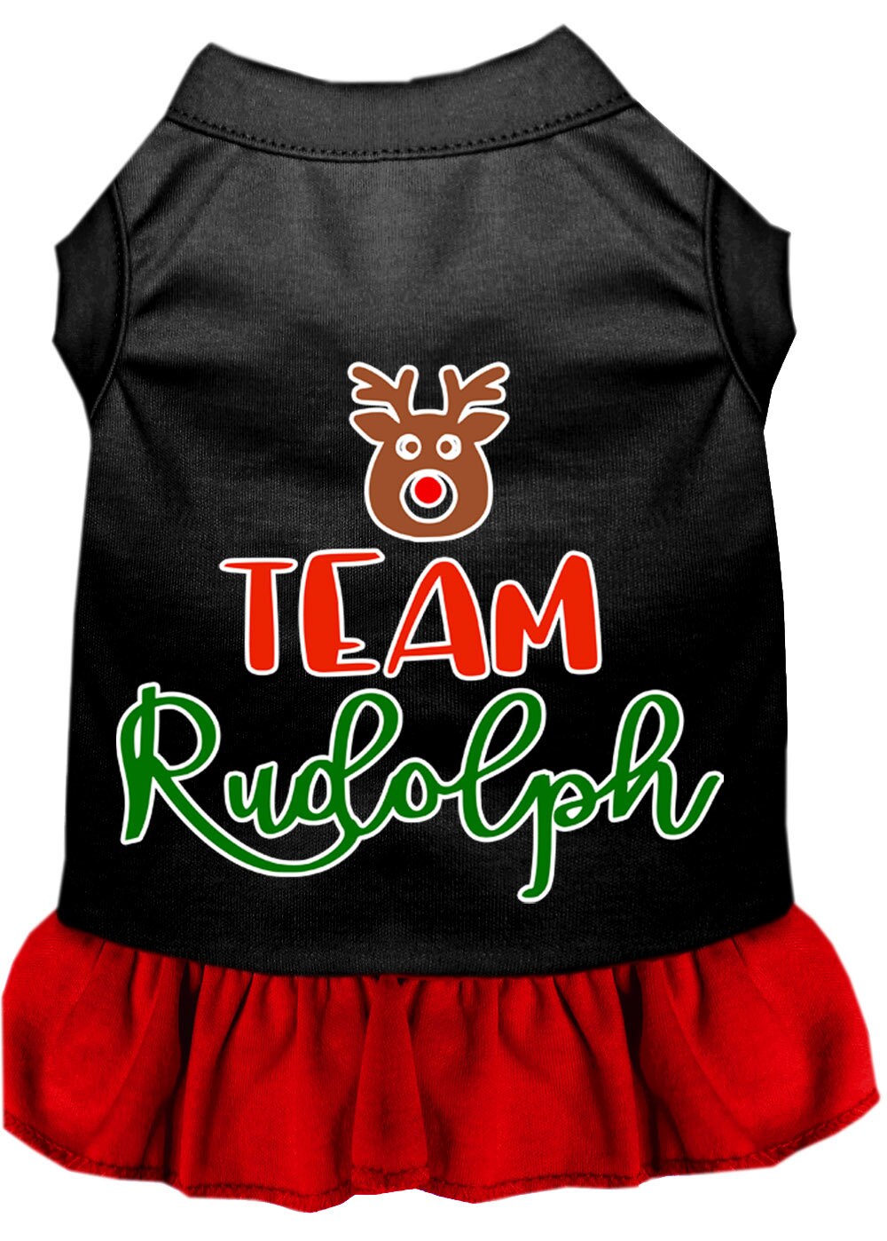 A cute Christmas dress for dogs and cats featuring a 'Team Rudolph' screen print, made from soft cotton-polyester blend fabric.