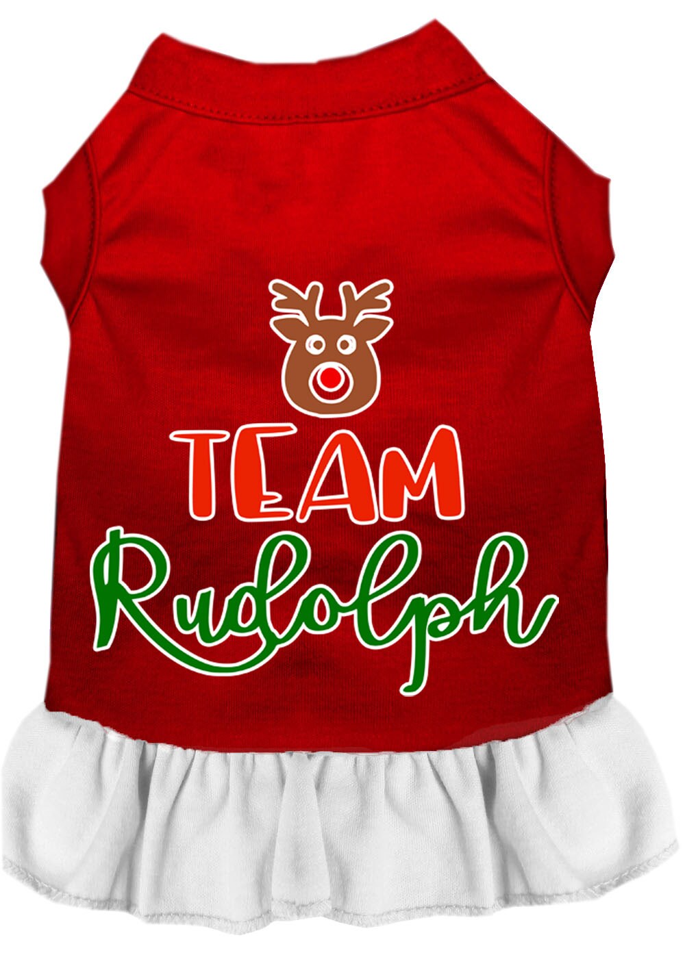 A cute Christmas dress for dogs and cats featuring a 'Team Rudolph' screen print, made from soft cotton-polyester blend fabric.