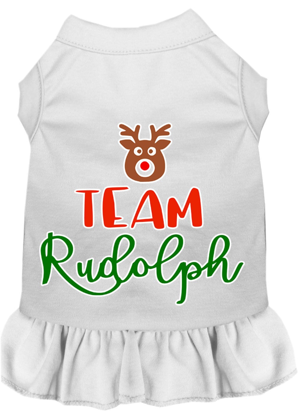 A cute Christmas dress for dogs and cats featuring a 'Team Rudolph' screen print, made from soft cotton-polyester blend fabric.