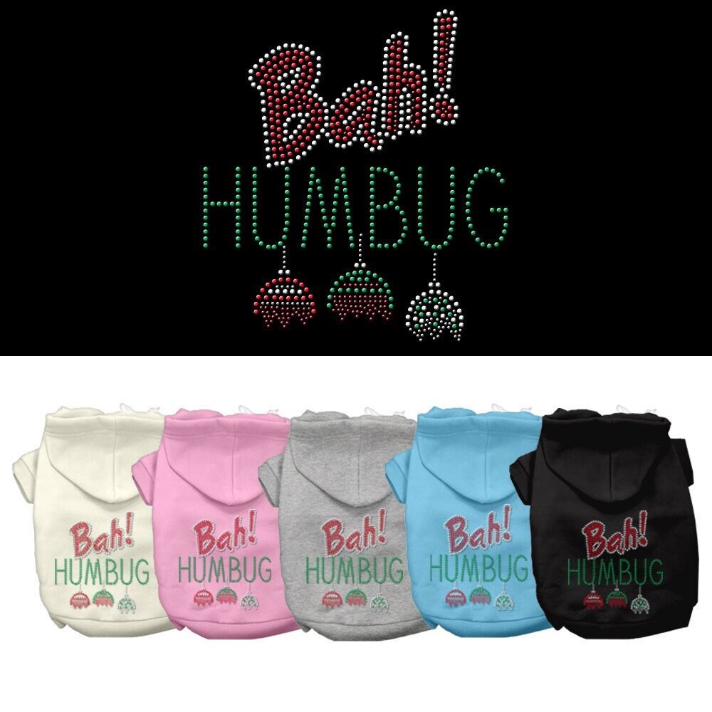 A cozy Christmas hoodie for dogs and cats featuring rhinestones and the phrase 'Bah Humbug', perfect for festive occasions.