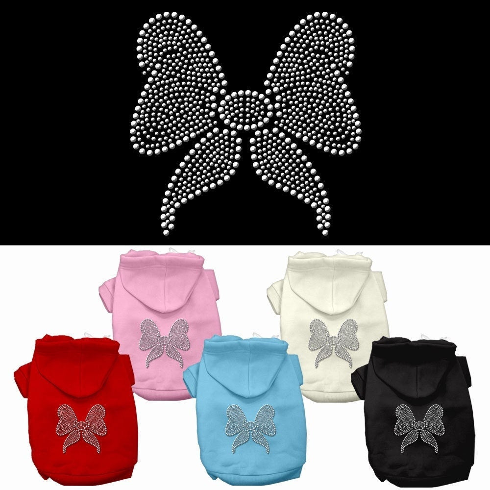 A festive Christmas hoodie for pets featuring a rhinestone bow, designed for dogs and cats, showcasing its soft fabric and stylish design.