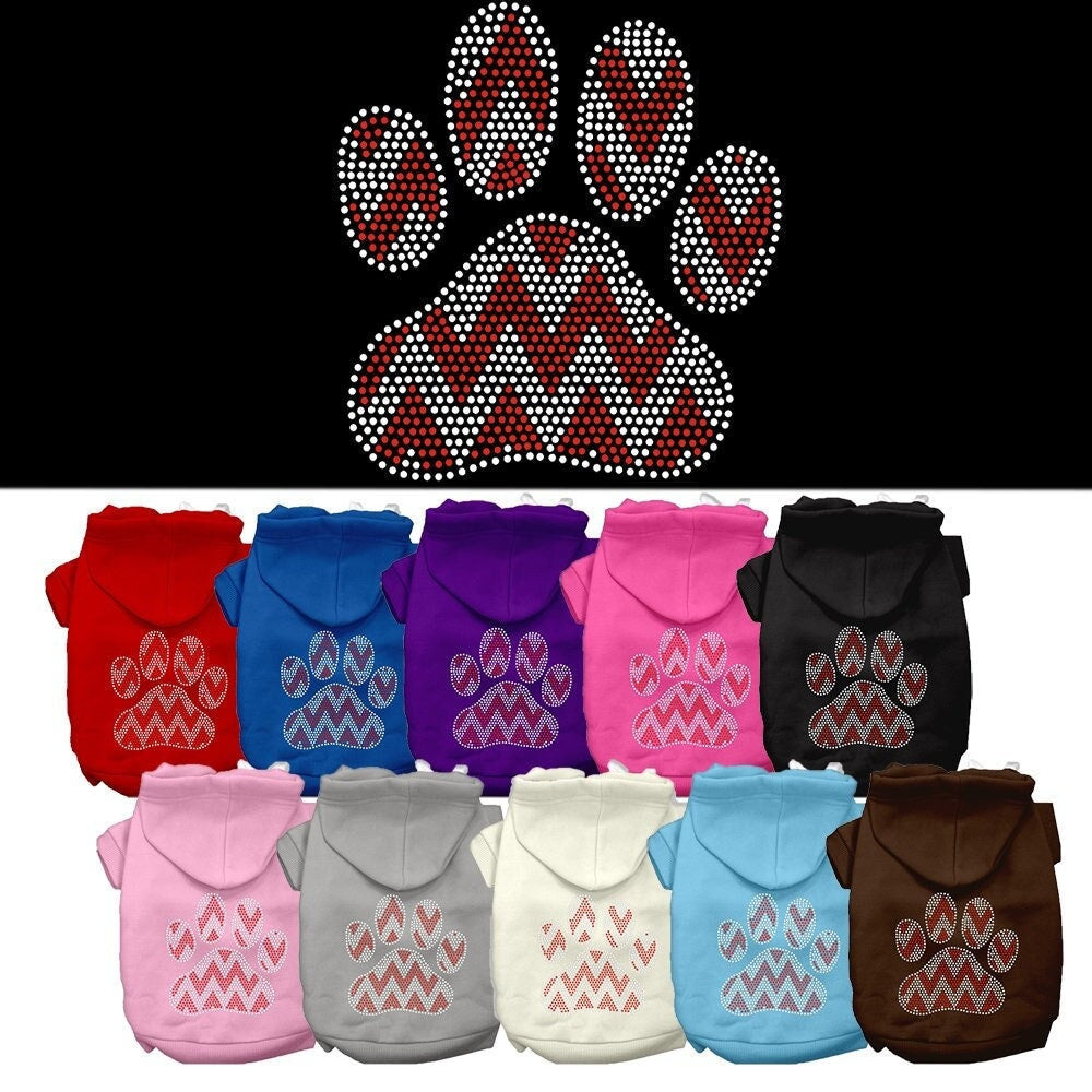 A festive Christmas hoodie for dogs and cats featuring a rhinestone Candy Cane Chevron Paw design, perfect for holiday celebrations.