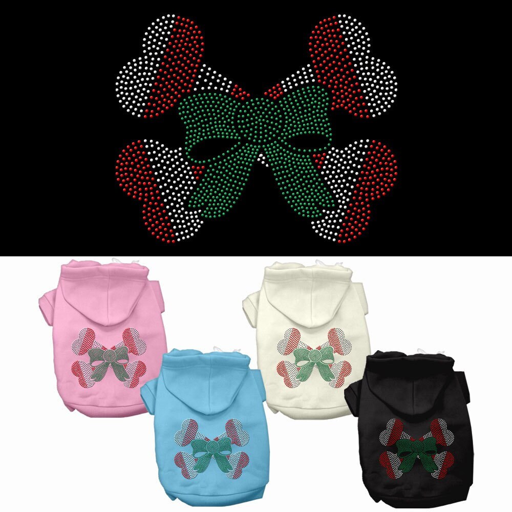 A festive Christmas pet hoodie featuring rhinestone 'Candy Cane Crossbones' design, perfect for dogs and cats.