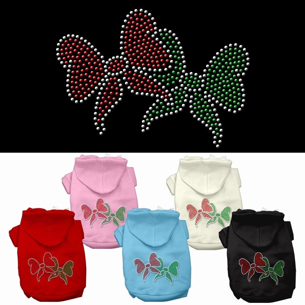 A cozy Christmas hoodie for dogs and cats featuring rhinestone Christmas bows, perfect for festive occasions.