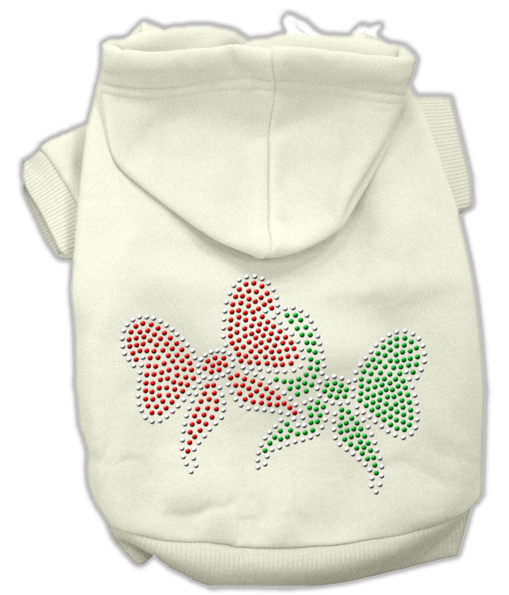A cozy Christmas hoodie for dogs and cats featuring rhinestone Christmas bows, perfect for festive occasions.