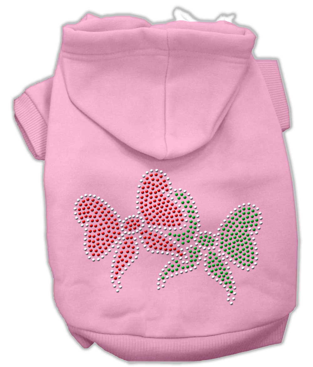 A cozy Christmas hoodie for dogs and cats featuring rhinestone Christmas bows, perfect for festive occasions.