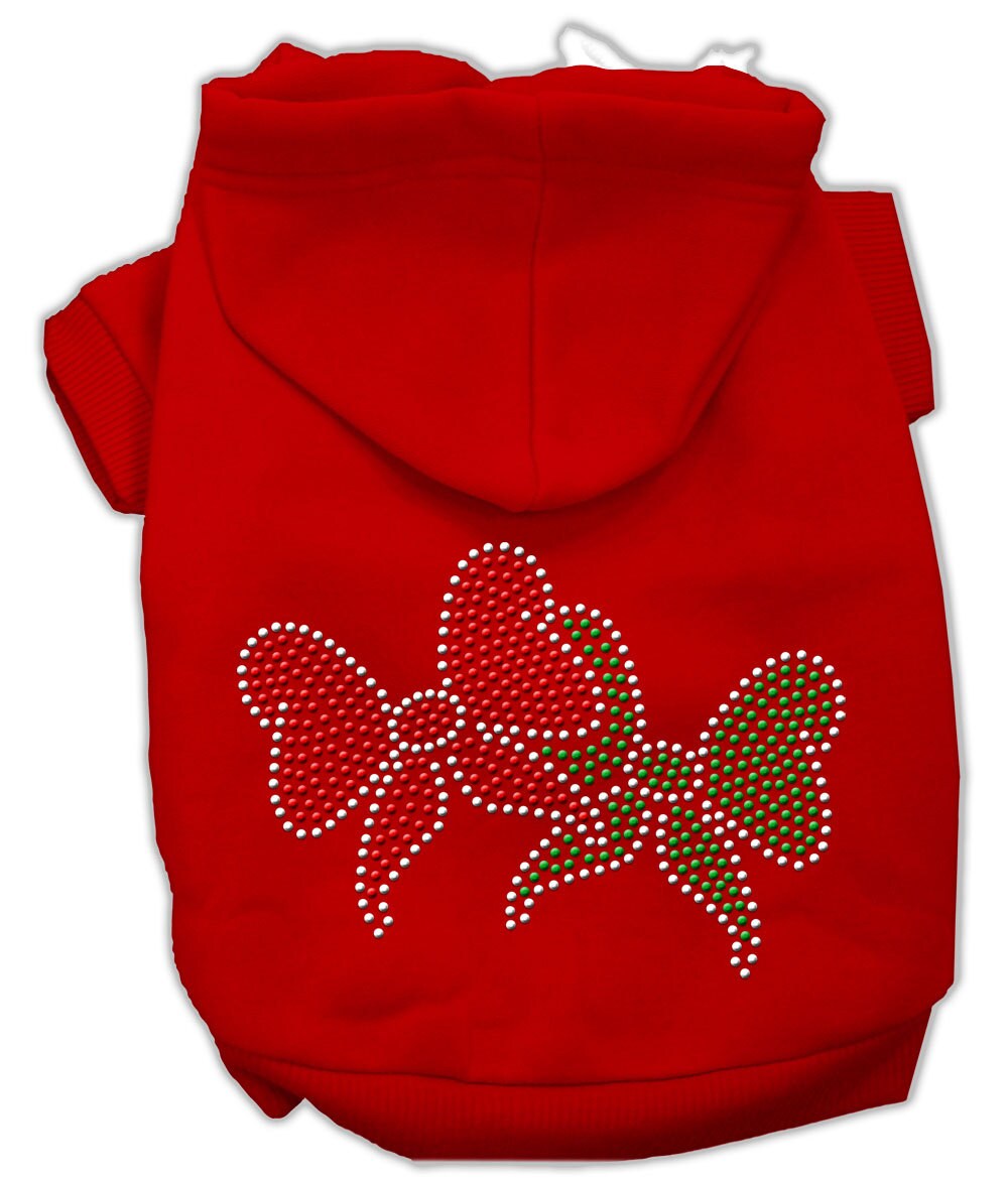 A cozy Christmas hoodie for dogs and cats featuring rhinestone Christmas bows, perfect for festive occasions.