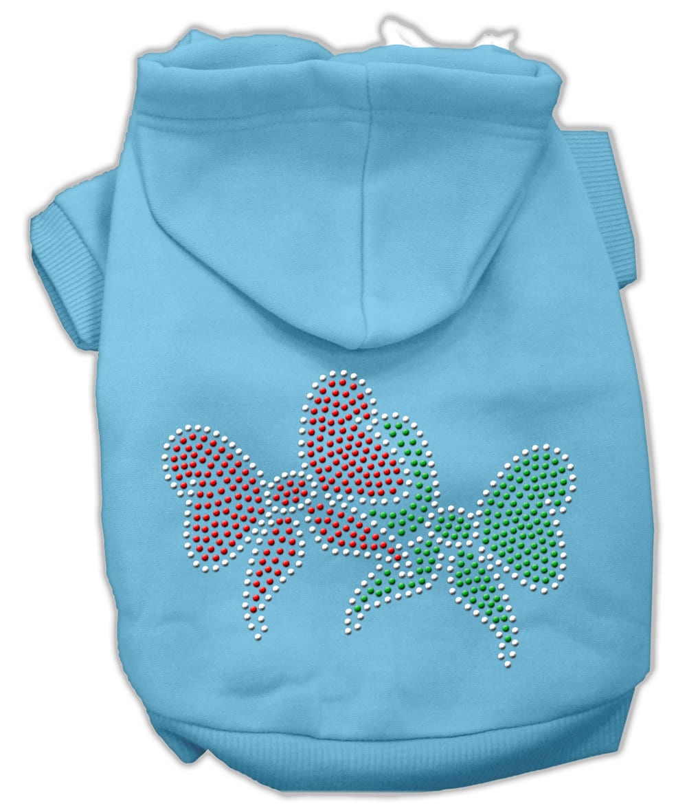 A cozy Christmas hoodie for dogs and cats featuring rhinestone Christmas bows, perfect for festive occasions.