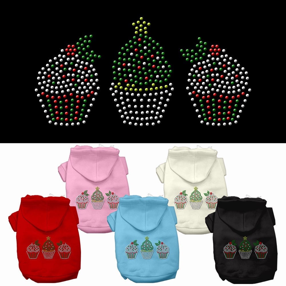 A festive Christmas hoodie for pets featuring a rhinestone cupcake design, perfect for dogs and cats during the holiday season.