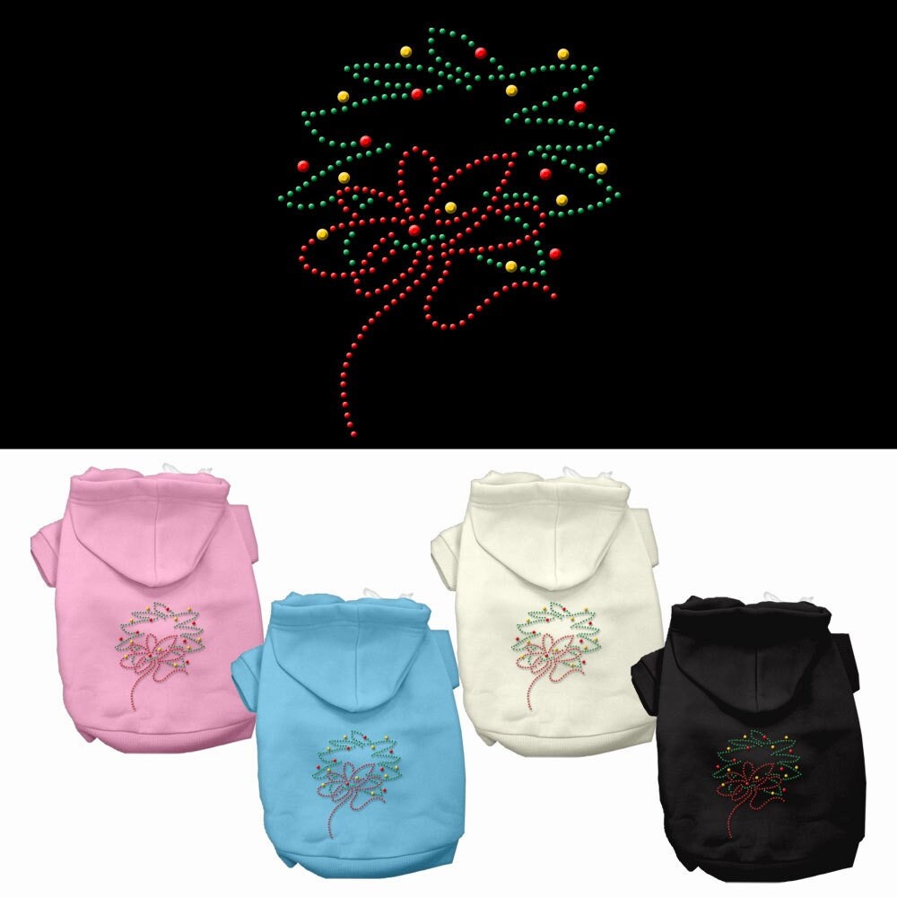 A cozy Christmas hoodie for dogs and cats featuring a rhinestone Christmas wreath design, perfect for festive occasions.