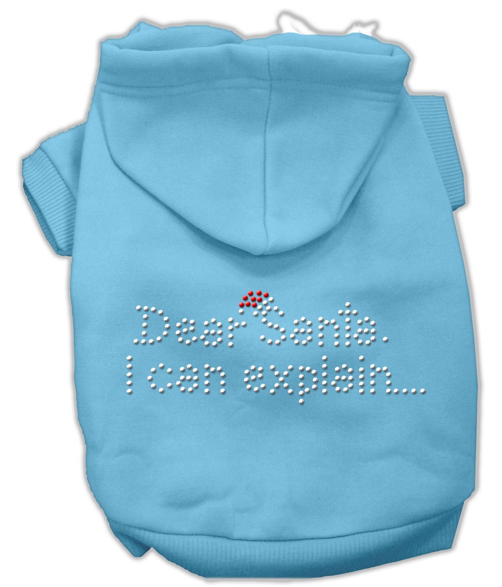 A festive Christmas hoodie for dogs and cats, featuring rhinestones and the text 'Dear Santa, I Can Explain', designed for warmth and comfort.
