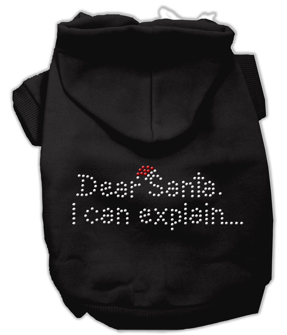 A festive Christmas hoodie for dogs and cats, featuring rhinestones and the text 'Dear Santa, I Can Explain', designed for warmth and comfort.