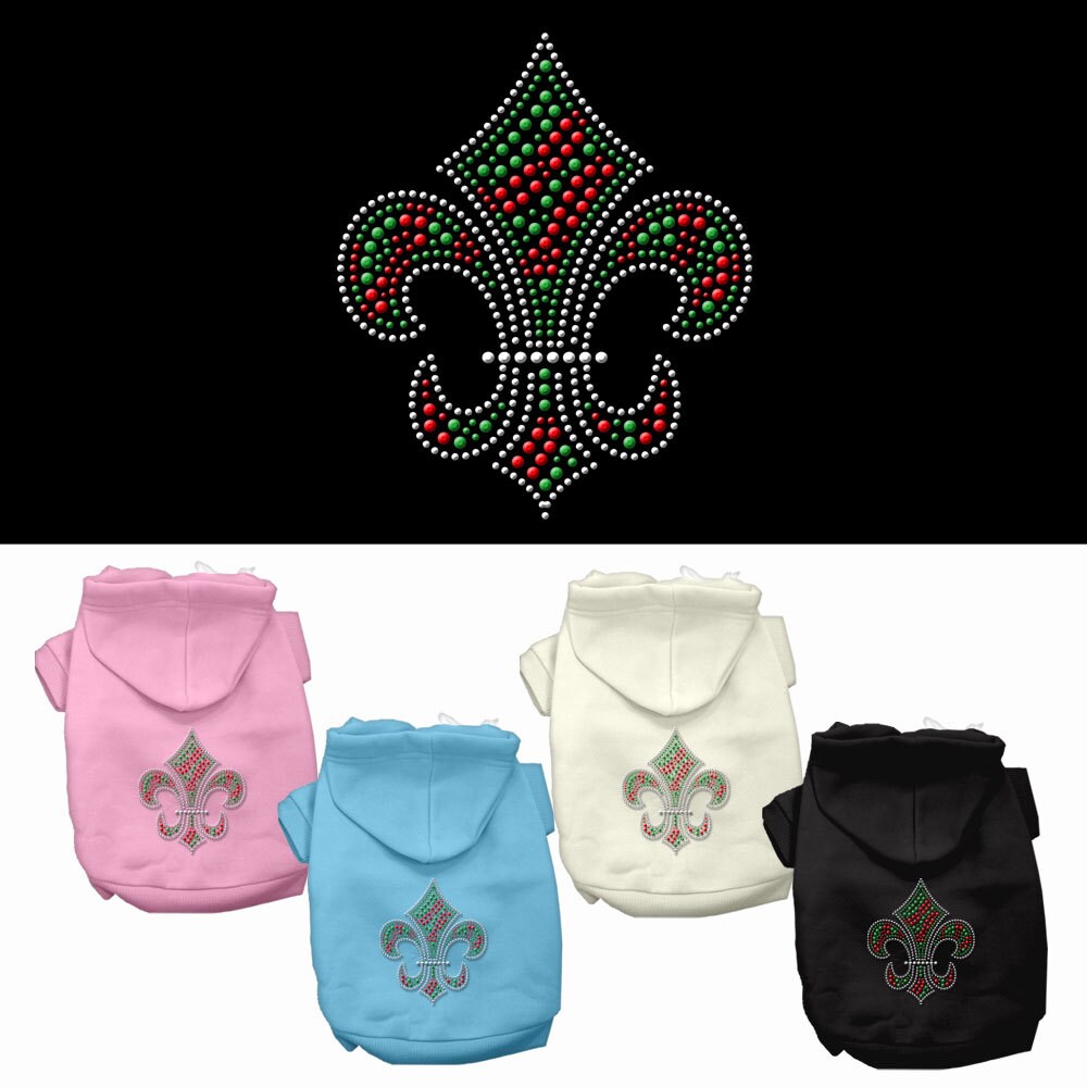 A stylish Christmas pet hoodie for dogs and cats featuring a rhinestone Fleur De Lis design, perfect for holiday celebrations.