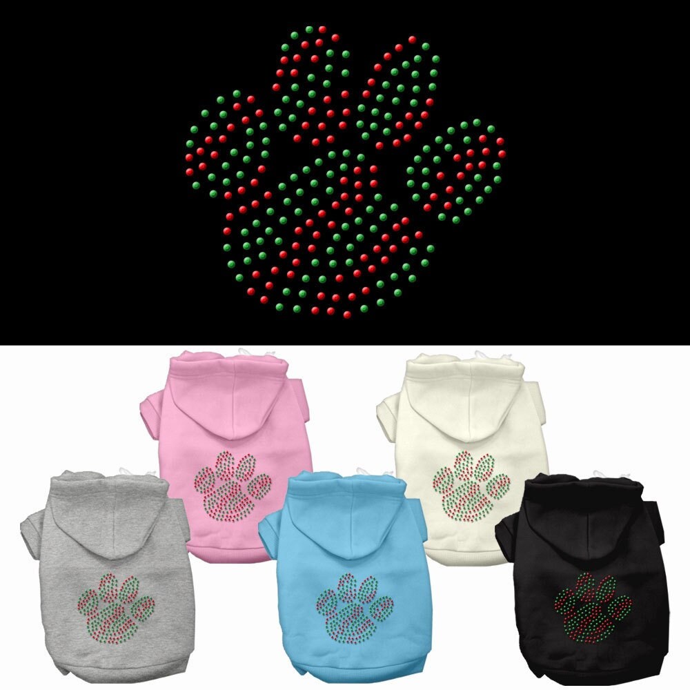 A stylish Christmas hoodie for dogs and cats featuring rhinestones and a festive 'Holiday Paw' design, perfect for winter wear.