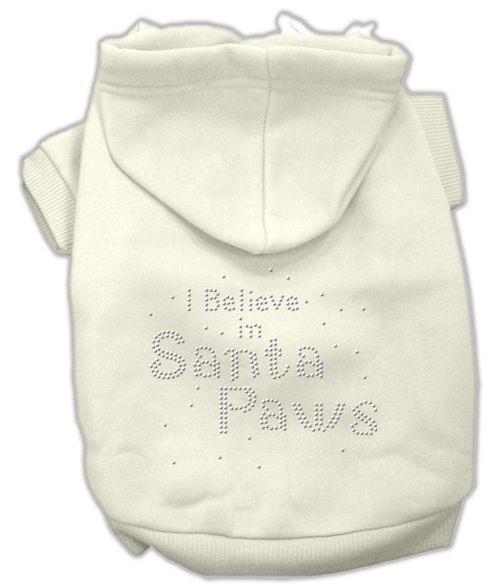 A festive Christmas hoodie for dogs and cats featuring rhinestones and the phrase 'I Believe In Santa Paws', designed for warmth and comfort.