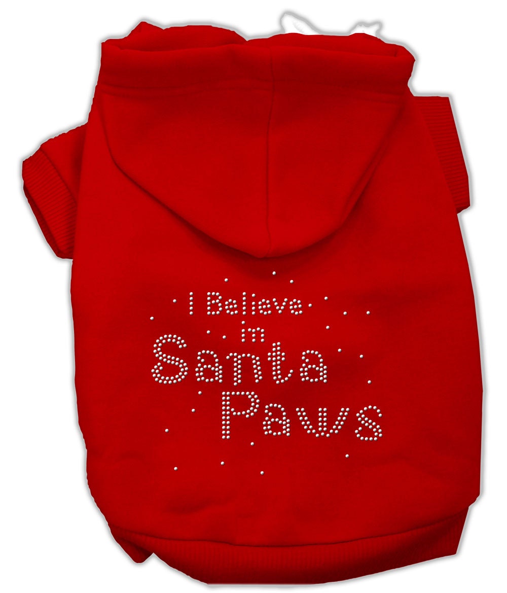 A festive Christmas hoodie for dogs and cats featuring rhinestones and the phrase 'I Believe In Santa Paws', designed for warmth and comfort.