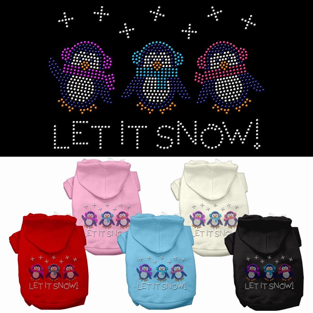 A cozy Christmas pet hoodie for dogs and cats featuring a 'Let It Snow Penguins' design with rhinestones, perfect for festive occasions.