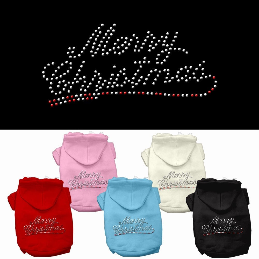 A festive dog and cat hoodie with rhinestones, featuring 'Merry Christmas' text, perfect for holiday celebrations.