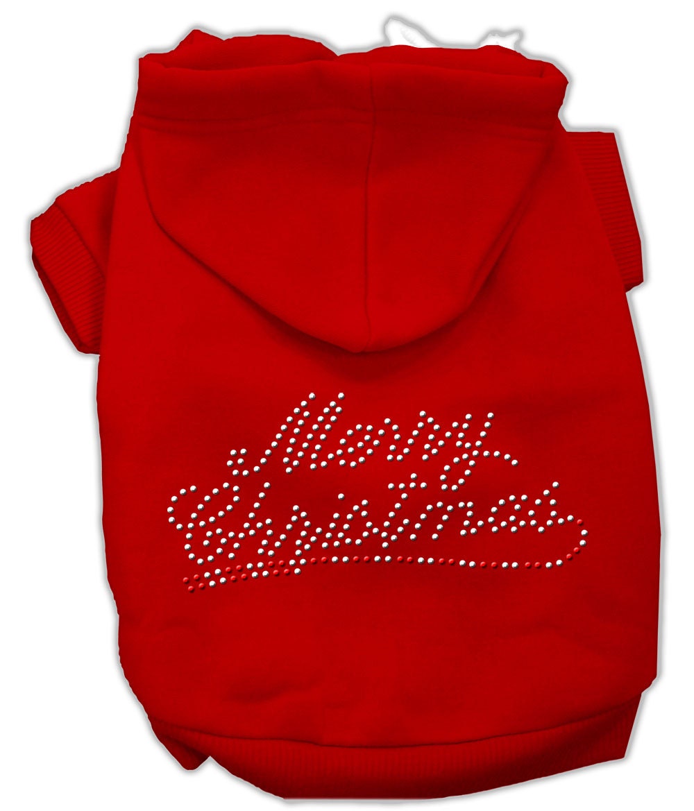 A festive dog and cat hoodie with rhinestones, featuring 'Merry Christmas' text, perfect for holiday celebrations.