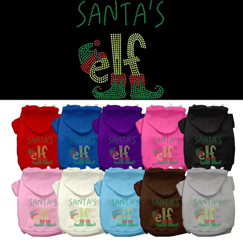 A festive Christmas pet hoodie for dogs and cats, featuring rhinestone embellishments and a cozy design, labeled 'Santa's Elf'.