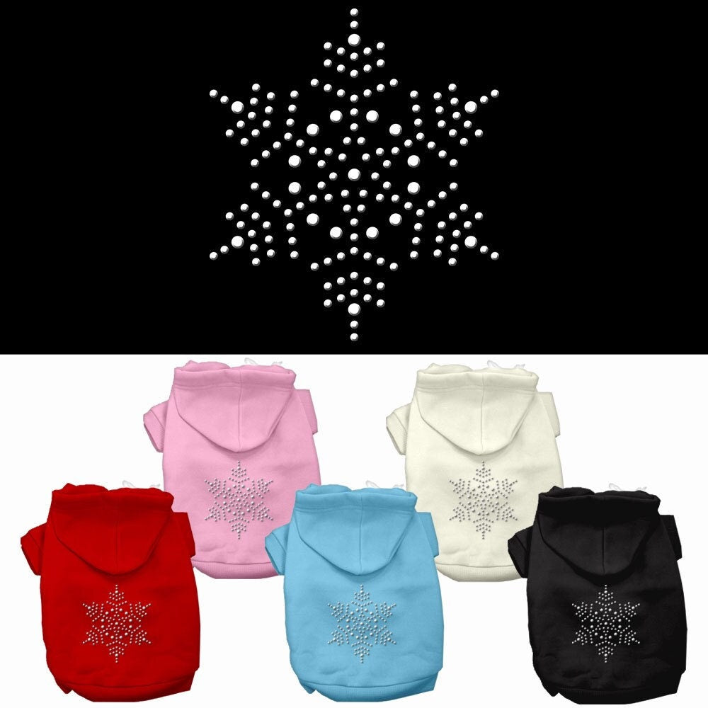 A stylish Christmas pet hoodie for dogs and cats featuring a rhinestone snowflake design, perfect for festive occasions.