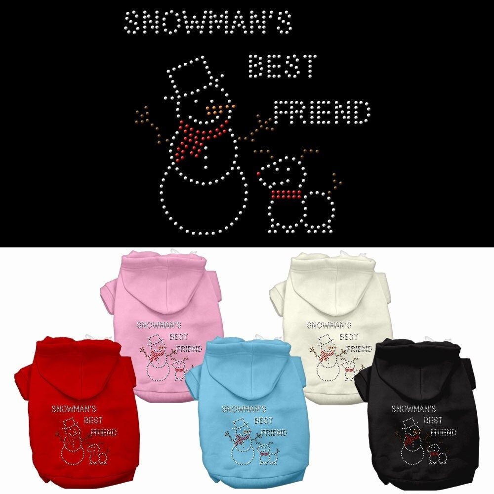 A cozy Christmas hoodie for dogs and cats featuring rhinestones and a snowman design, perfect for festive occasions.