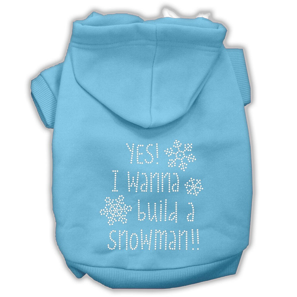 Christmas pet hoodie for dogs and cats with rhinestone design, featuring the phrase 'Yes! I Want To Build A Snowman'.