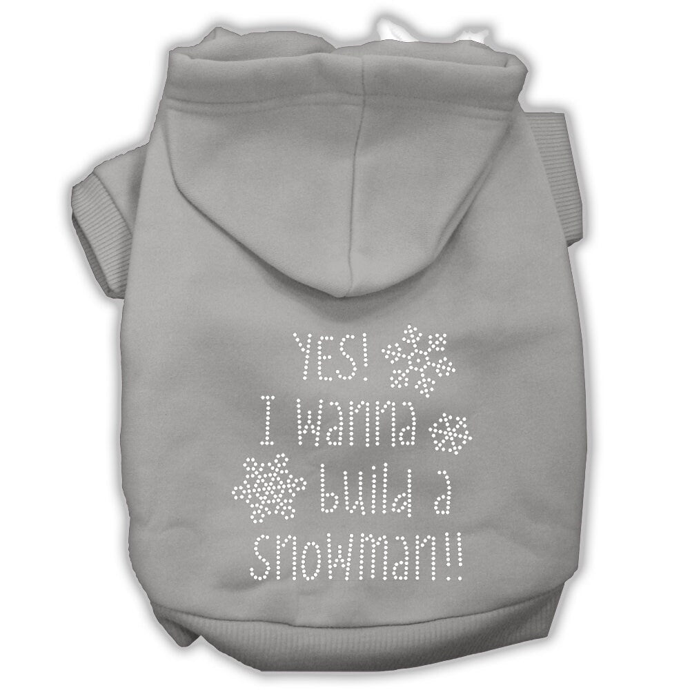 Christmas pet hoodie for dogs and cats with rhinestone design, featuring the phrase 'Yes! I Want To Build A Snowman'.