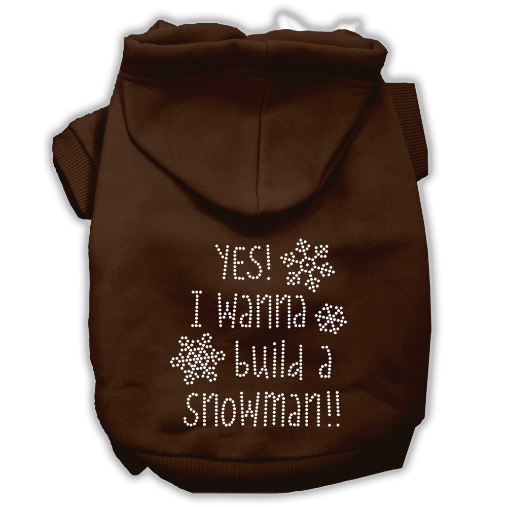 Christmas pet hoodie for dogs and cats with rhinestone design, featuring the phrase 'Yes! I Want To Build A Snowman'.