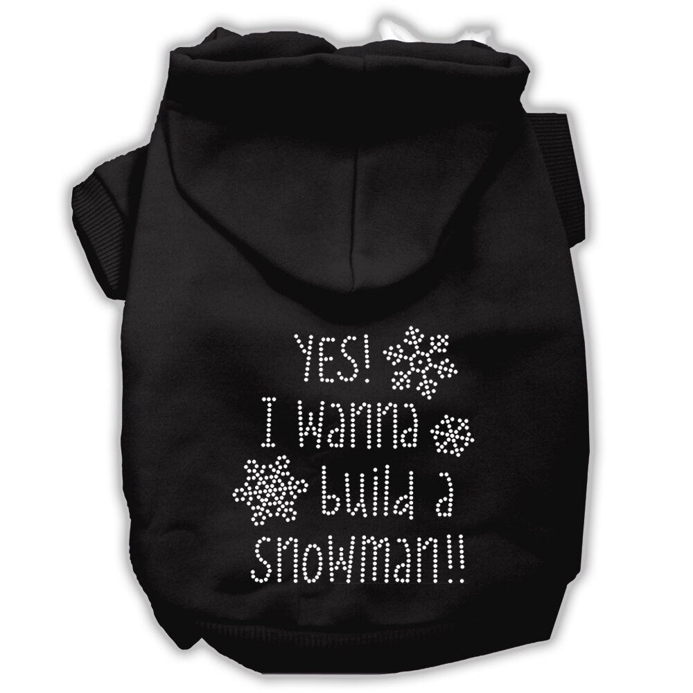 Christmas pet hoodie for dogs and cats with rhinestone design, featuring the phrase 'Yes! I Want To Build A Snowman'.