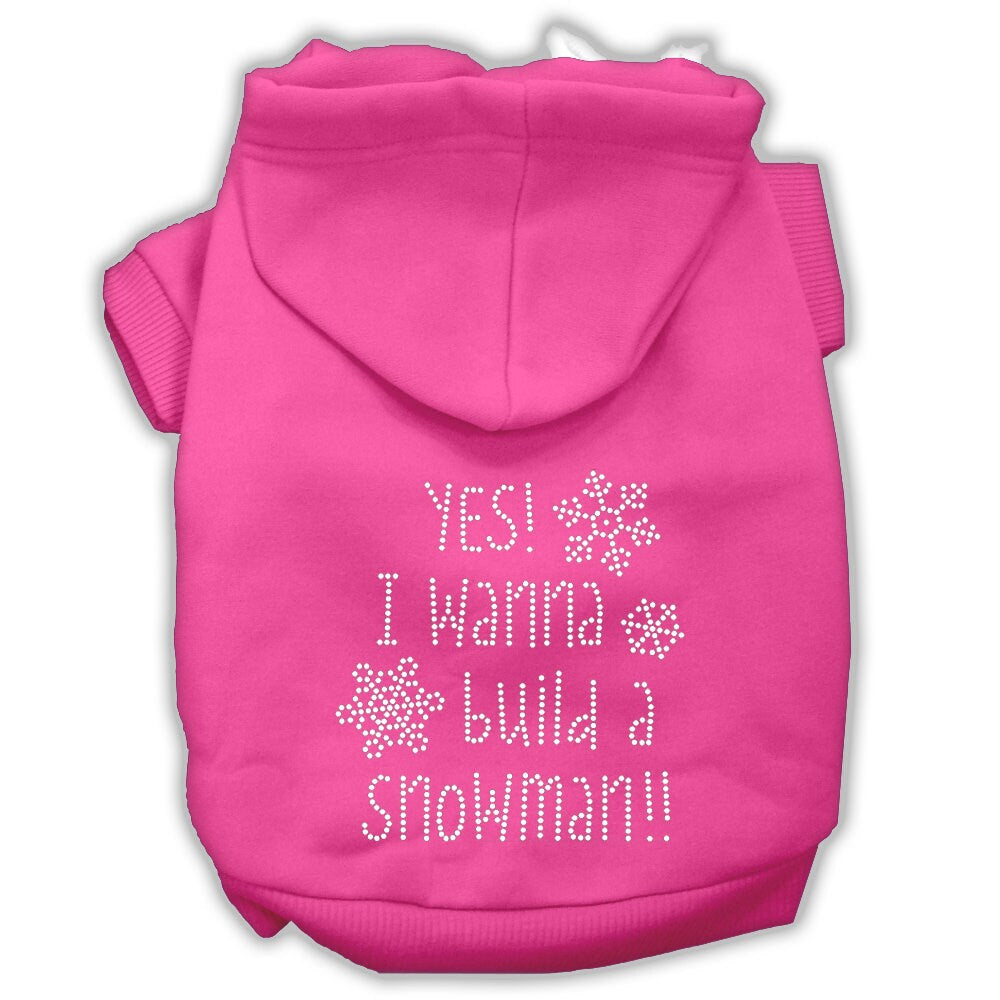 Christmas pet hoodie for dogs and cats with rhinestone design, featuring the phrase 'Yes! I Want To Build A Snowman'.