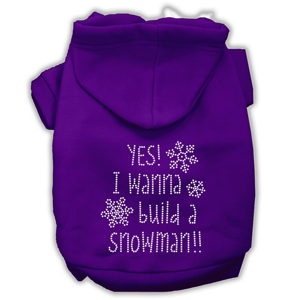 Christmas pet hoodie for dogs and cats with rhinestone design, featuring the phrase 'Yes! I Want To Build A Snowman'.