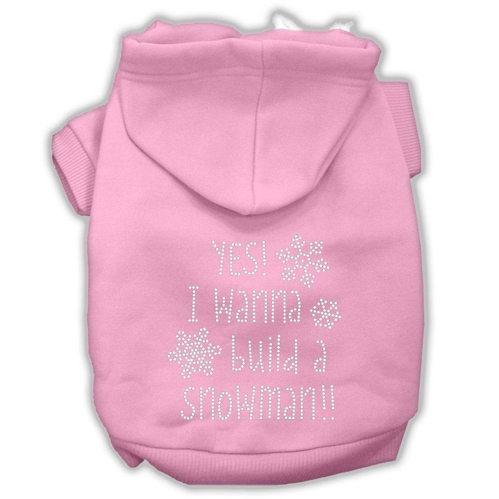 Christmas pet hoodie for dogs and cats with rhinestone design, featuring the phrase 'Yes! I Want To Build A Snowman'.