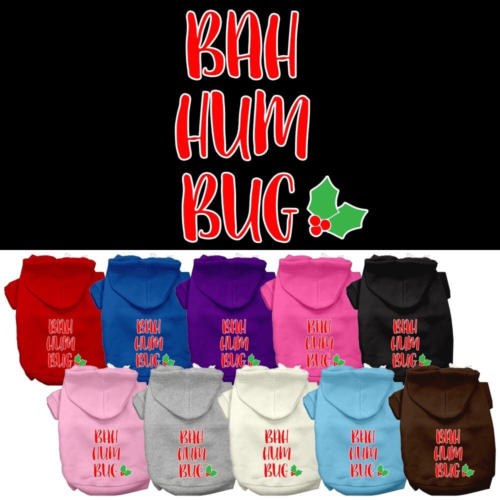 A cozy Christmas hoodie for dogs and cats featuring a 'Bah Humbug' print, showcasing its soft fabric and leash access hole.