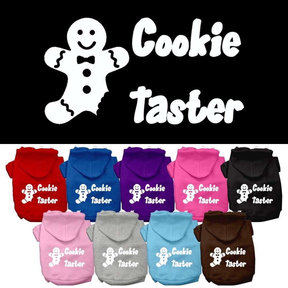 A cozy Christmas hoodie for pets, featuring the text 'Cookie Taster' in festive colors, designed for dogs and cats.