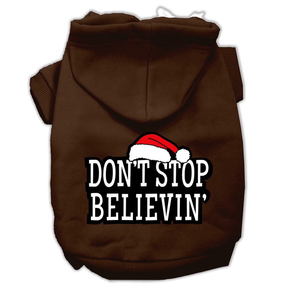 A cozy Christmas hoodie for dogs and cats, featuring the phrase 'Don't Stop Believin', made from soft cotton-polyester blend.
