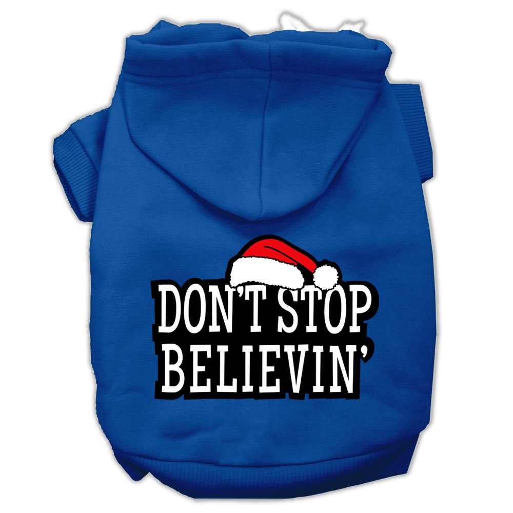 A cozy Christmas hoodie for dogs and cats, featuring the phrase 'Don't Stop Believin', made from soft cotton-polyester blend.
