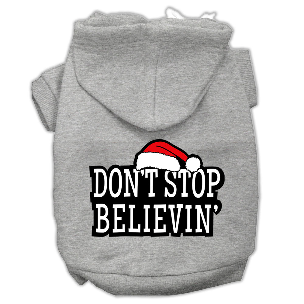 A cozy Christmas hoodie for dogs and cats, featuring the phrase 'Don't Stop Believin', made from soft cotton-polyester blend.