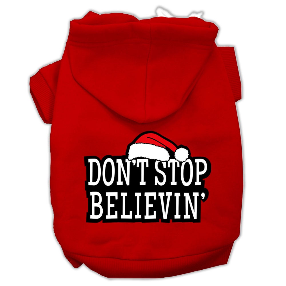 A cozy Christmas hoodie for dogs and cats, featuring the phrase 'Don't Stop Believin', made from soft cotton-polyester blend.