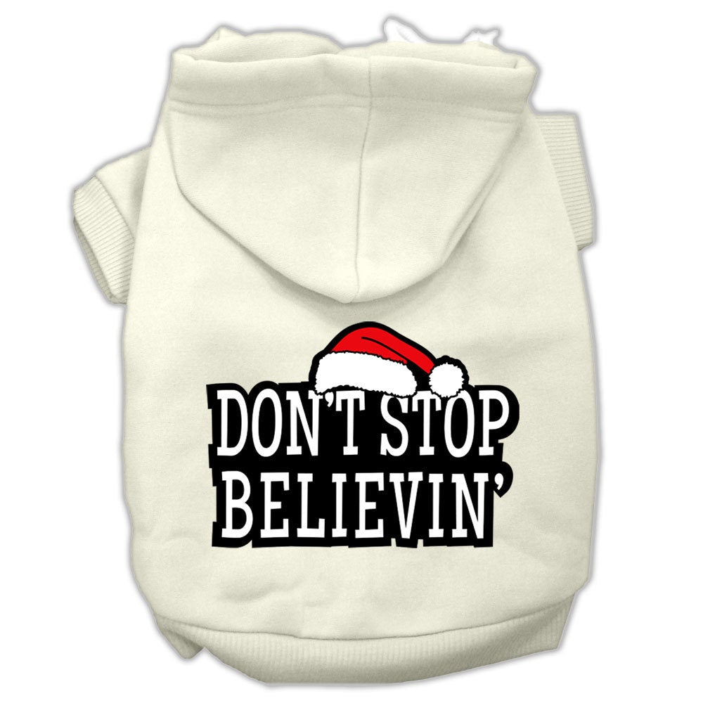A cozy Christmas hoodie for dogs and cats, featuring the phrase 'Don't Stop Believin', made from soft cotton-polyester blend.