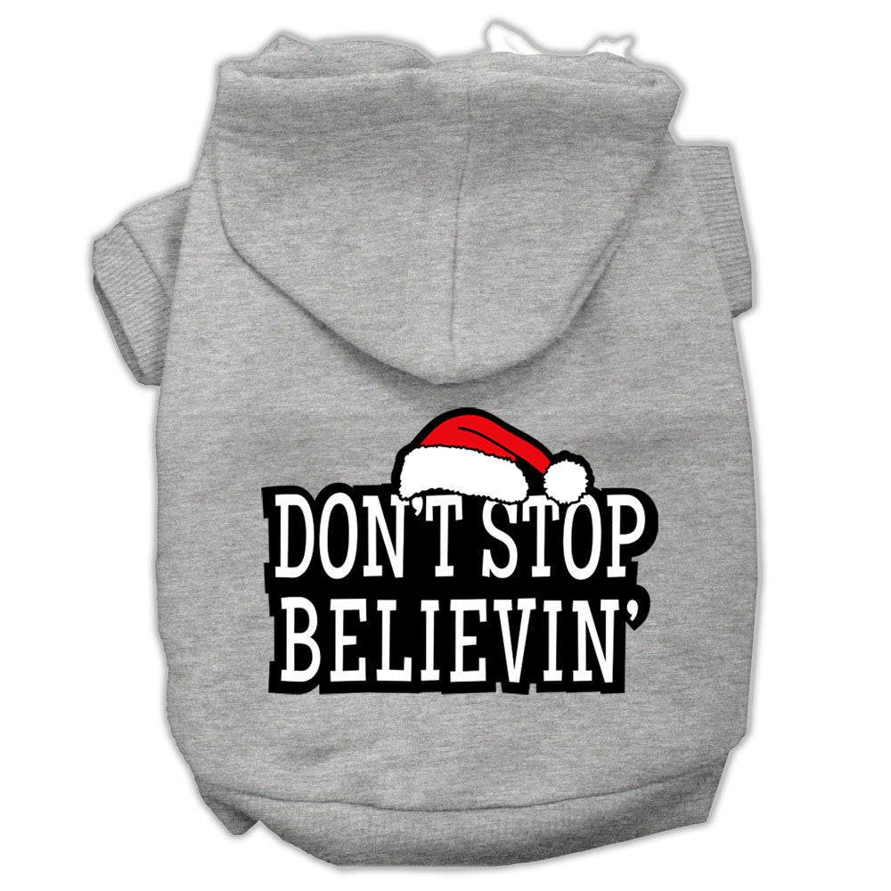 A cozy Christmas hoodie for dogs and cats, featuring the phrase 'Don't Stop Believin', made from soft cotton-polyester blend.