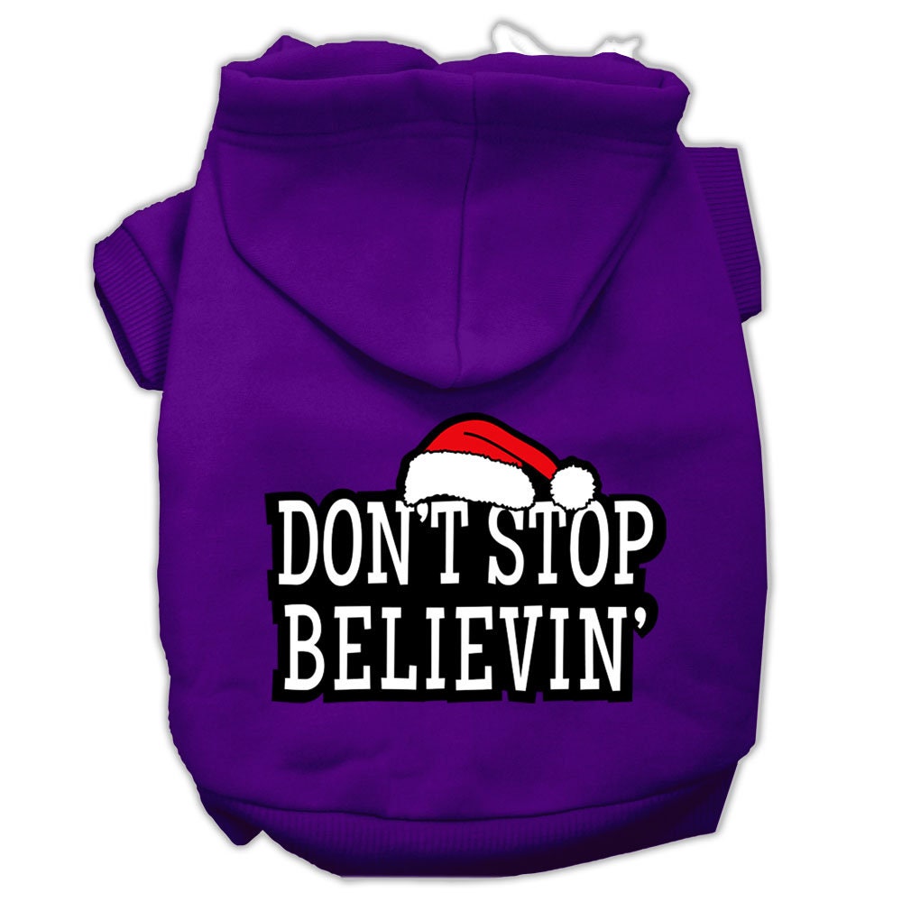 A cozy Christmas hoodie for dogs and cats, featuring the phrase 'Don't Stop Believin', made from soft cotton-polyester blend.