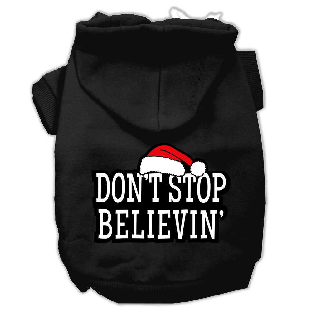 A cozy Christmas hoodie for dogs and cats, featuring the phrase 'Don't Stop Believin', made from soft cotton-polyester blend.