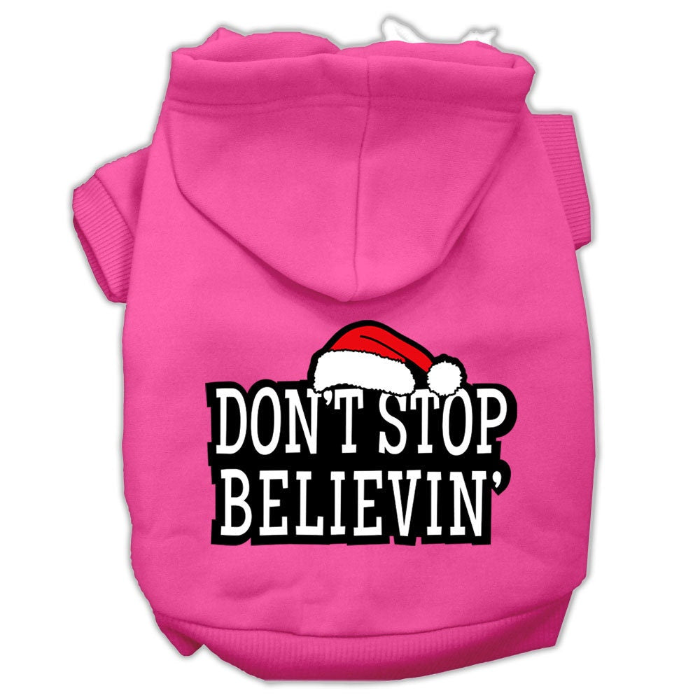 A cozy Christmas hoodie for dogs and cats, featuring the phrase 'Don't Stop Believin', made from soft cotton-polyester blend.