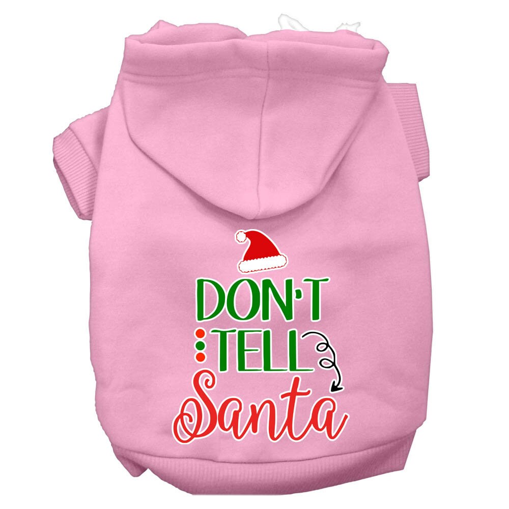 Christmas pet hoodie for dogs and cats with 'Don't Tell Santa' print, featuring a cozy design and leash access hole.