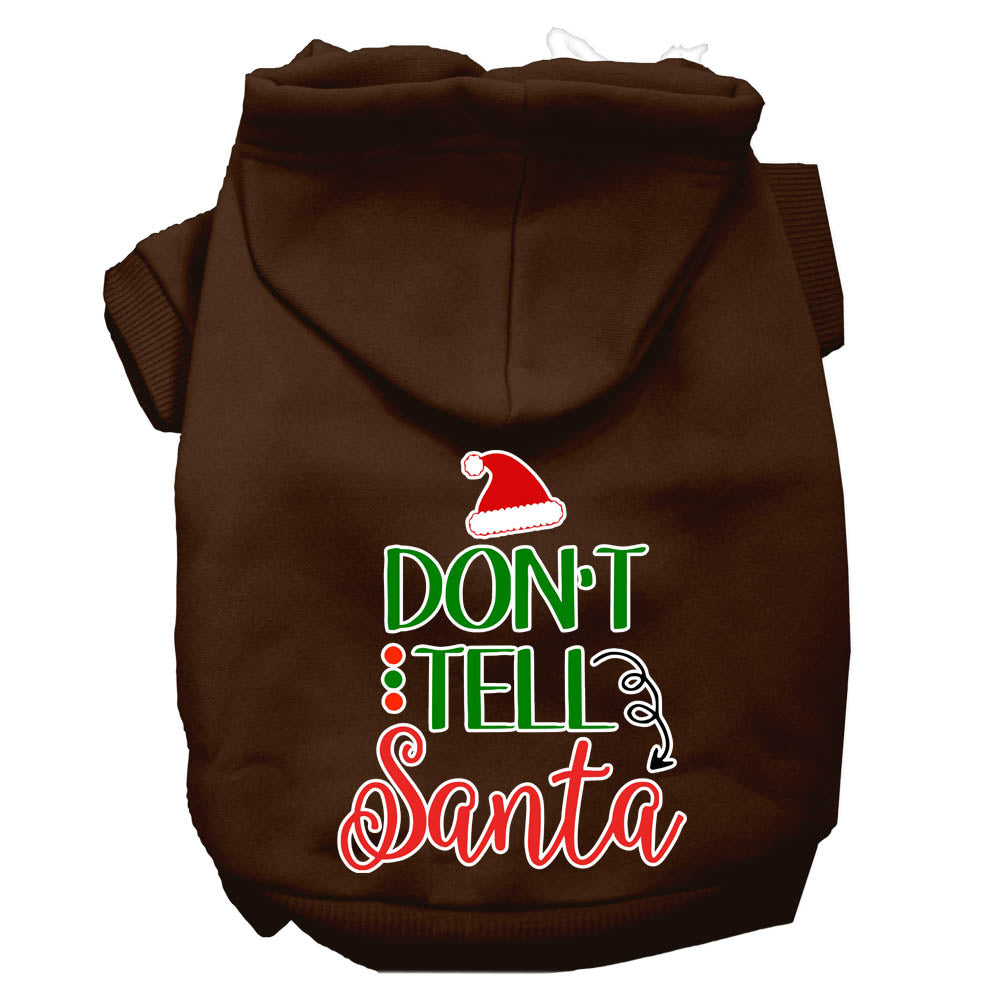 Christmas pet hoodie for dogs and cats with 'Don't Tell Santa' print, featuring a cozy design and leash access hole.