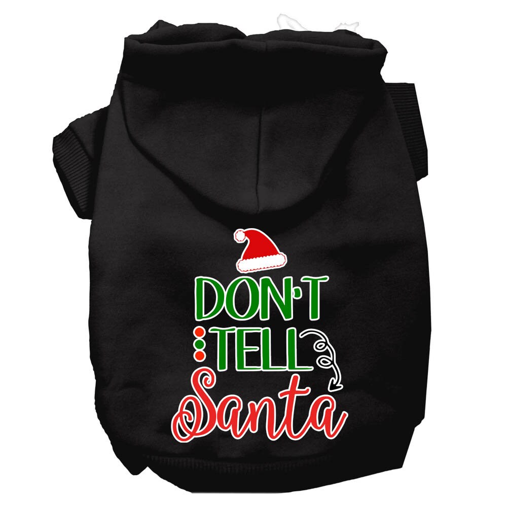 Christmas pet hoodie for dogs and cats with 'Don't Tell Santa' print, featuring a cozy design and leash access hole.