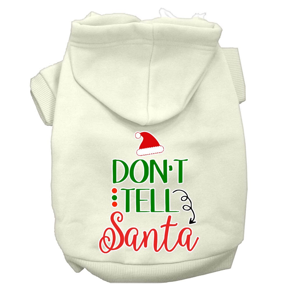 Christmas pet hoodie for dogs and cats with 'Don't Tell Santa' print, featuring a cozy design and leash access hole.